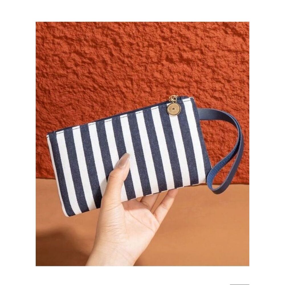 Navy and White Striped Wristlet Pouch